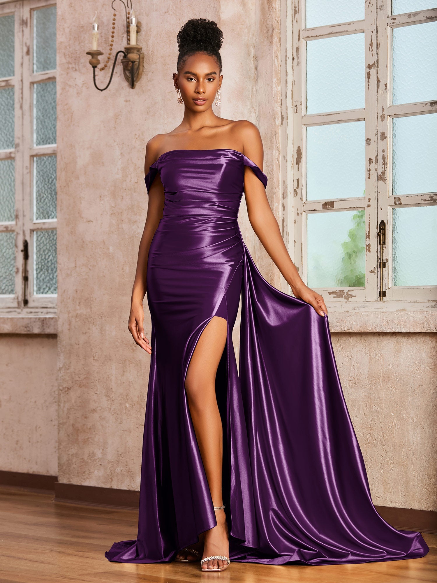 Satin Off-the-Shoulder Formal Gown Ruched Bodice High Slit Mermaid Maxi Dress with Sweep Train for Wedding Guest and Evening Events