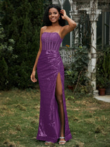 Prom Dresses Sequin Spaghetti Strap Formal Gown Corset Bodice High Slit Mermaid Maxi Dress