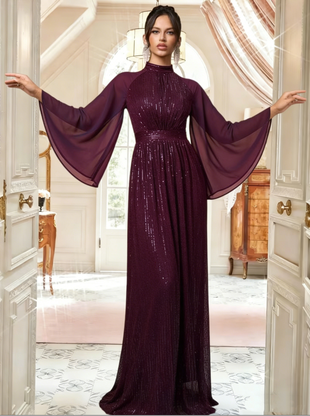 Women's High-Neck Sequin Evening Gown with Long Sleeve Chiffon Cape Floor length Evening Gown Prom Dress