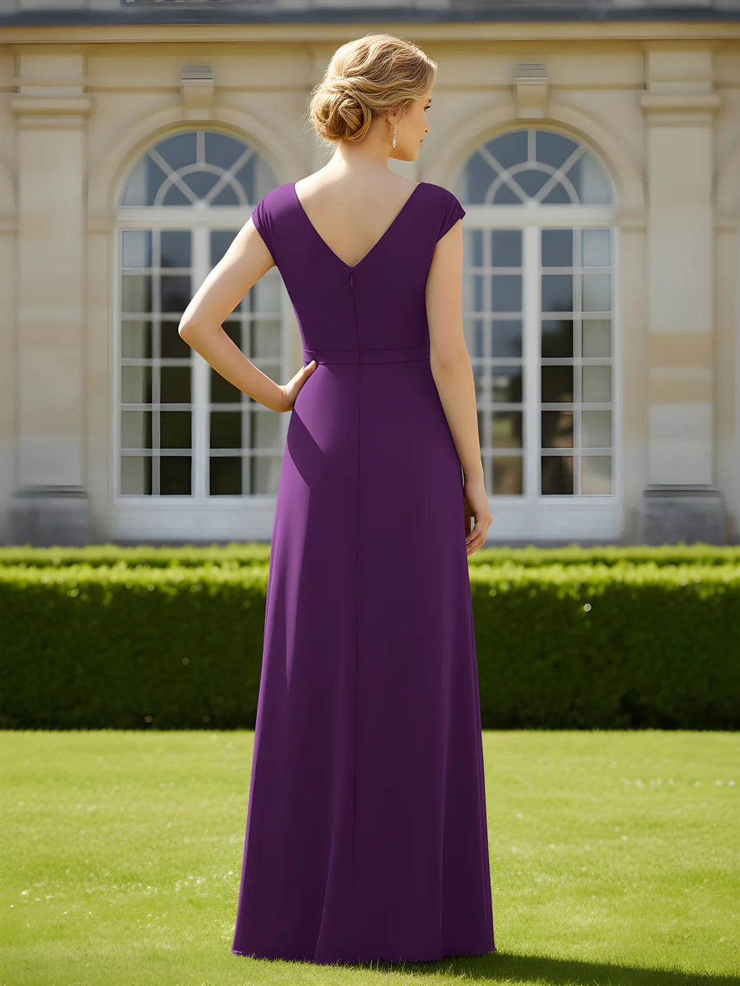 V-Neck Cap Sleeve Chiffon Evening Gown Formal Mother of the Bride Dress