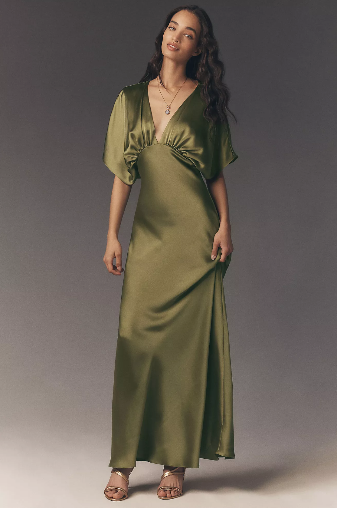 Women's Elegant V-Neck Satin Charmeuse Maxi Dress Short Sleeves Party Wedding Guest Bridesmaid Dresses