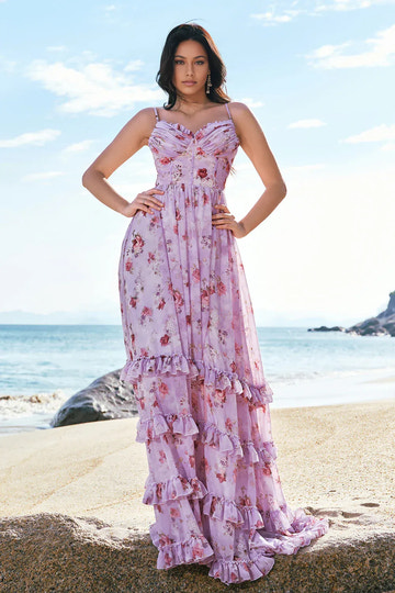 A-line chiffon evening gown with sweetheart neckline, floral print, tiered ruffle skirt, and front slit