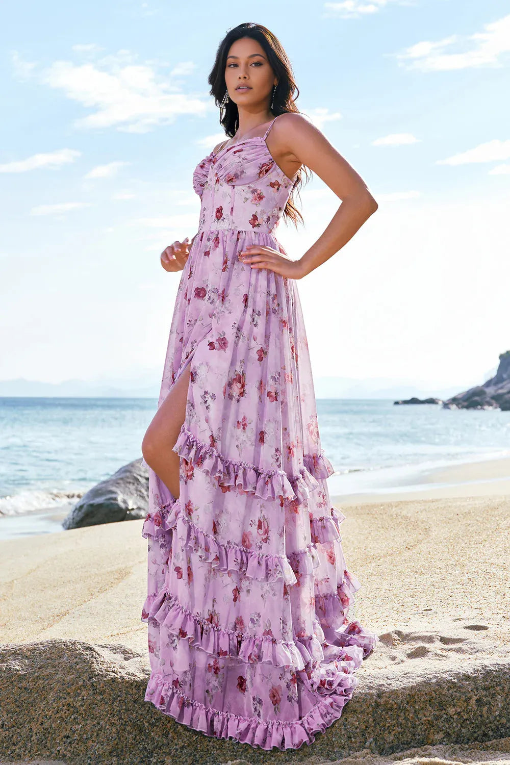 Dreamy A-Line Sweetheart Neck Sleeveless Chiffon Floral Tiered Ruffle Lace-Up Evening Gown