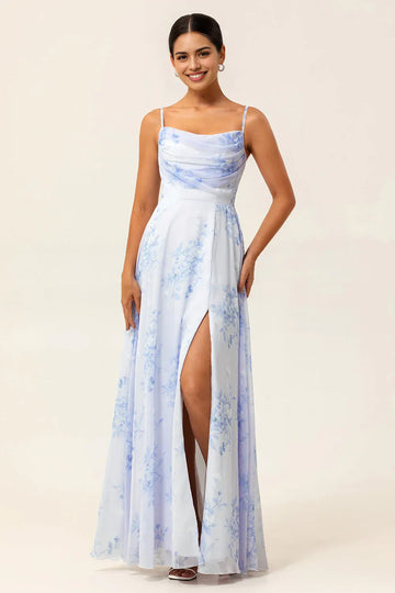 Floral chiffon A-line evening gown with cowl neckline, spaghetti straps, front slit, and lace-up back