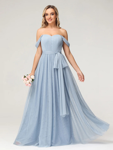 Off Shoulder Sweetheart Neck Bow Back Waist Belt Tulle A-Line Floor Length Bridesmaid Evening Maxi Dress