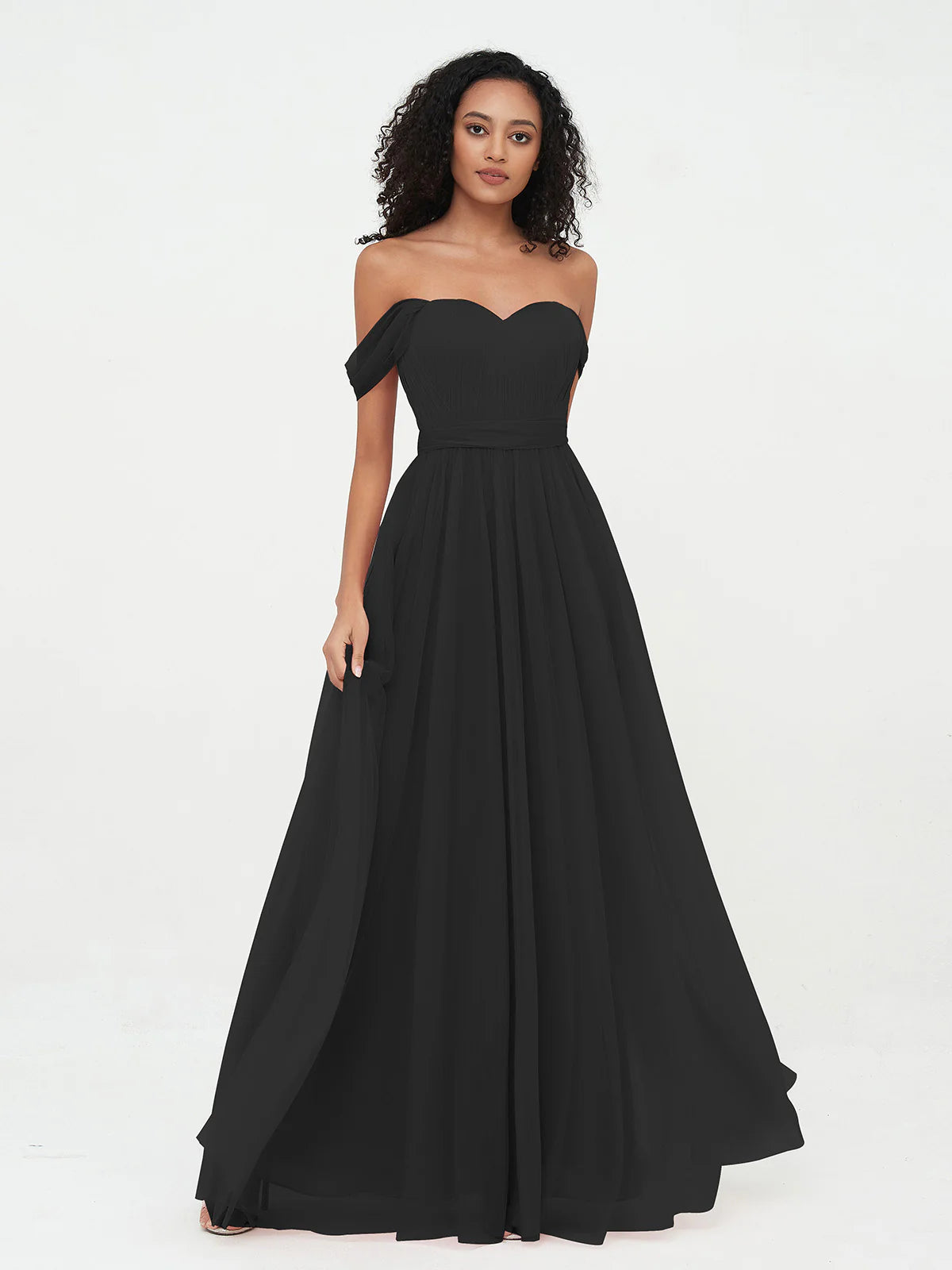 Off Shoulder Sweetheart Neck Bow Back Waist Belt Tulle A-Line Floor Length Bridesmaid Evening Maxi Dress