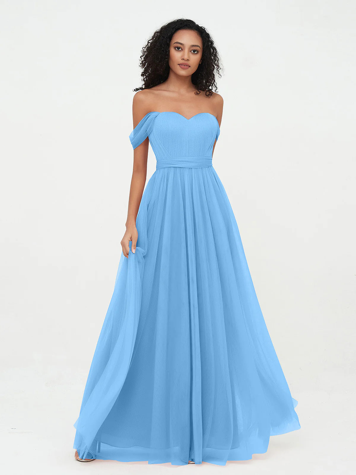 Off Shoulder Sweetheart Neck Bow Back Waist Belt Tulle A-Line Floor Length Bridesmaid Evening Maxi Dress