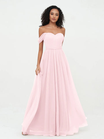 Romantic A-Line Sweetheart Off-Shoulder Short Draped Sleeve Tulle Tie-Waist Bridesmaid Dress