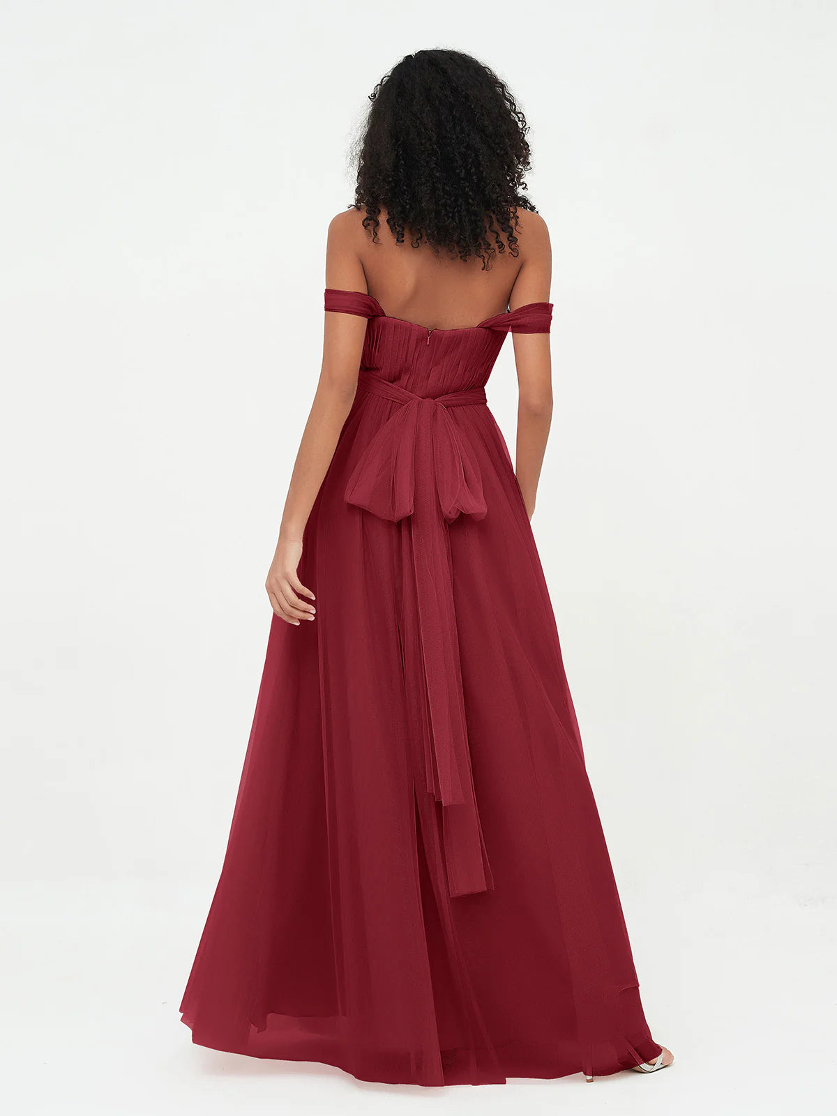 Off Shoulder Sweetheart Neck Bow Back Waist Belt Tulle A-Line Floor Length Bridesmaid Evening Maxi Dress