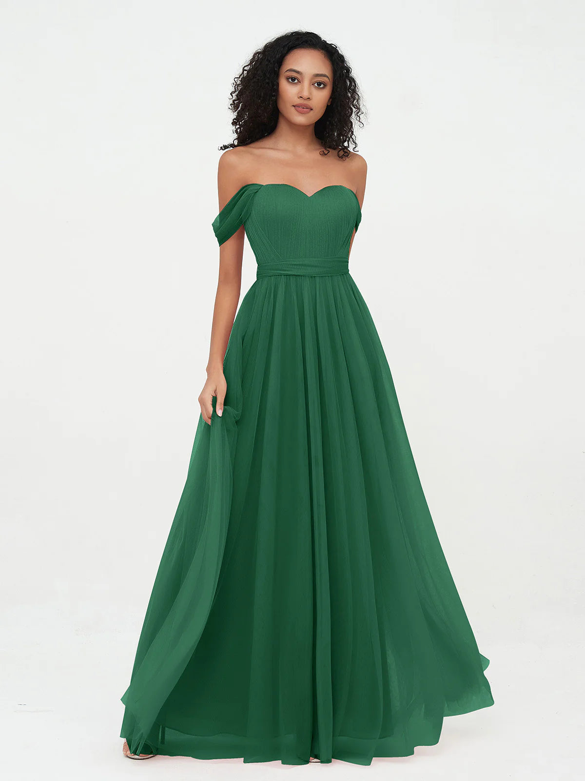 Off Shoulder Sweetheart Neck Bow Back Waist Belt Tulle A-Line Floor Length Bridesmaid Evening Maxi Dress