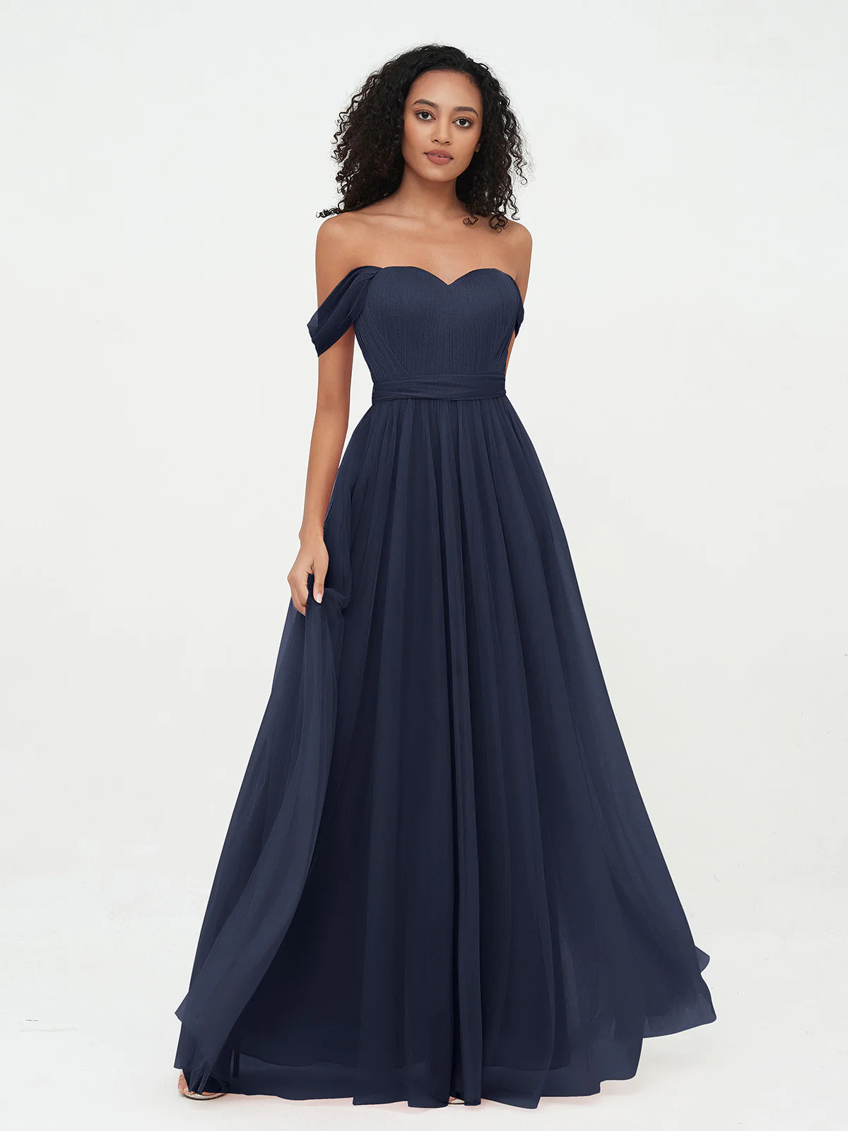 Off Shoulder Sweetheart Neck Bow Back Waist Belt Tulle A-Line Floor Length Bridesmaid Evening Maxi Dress