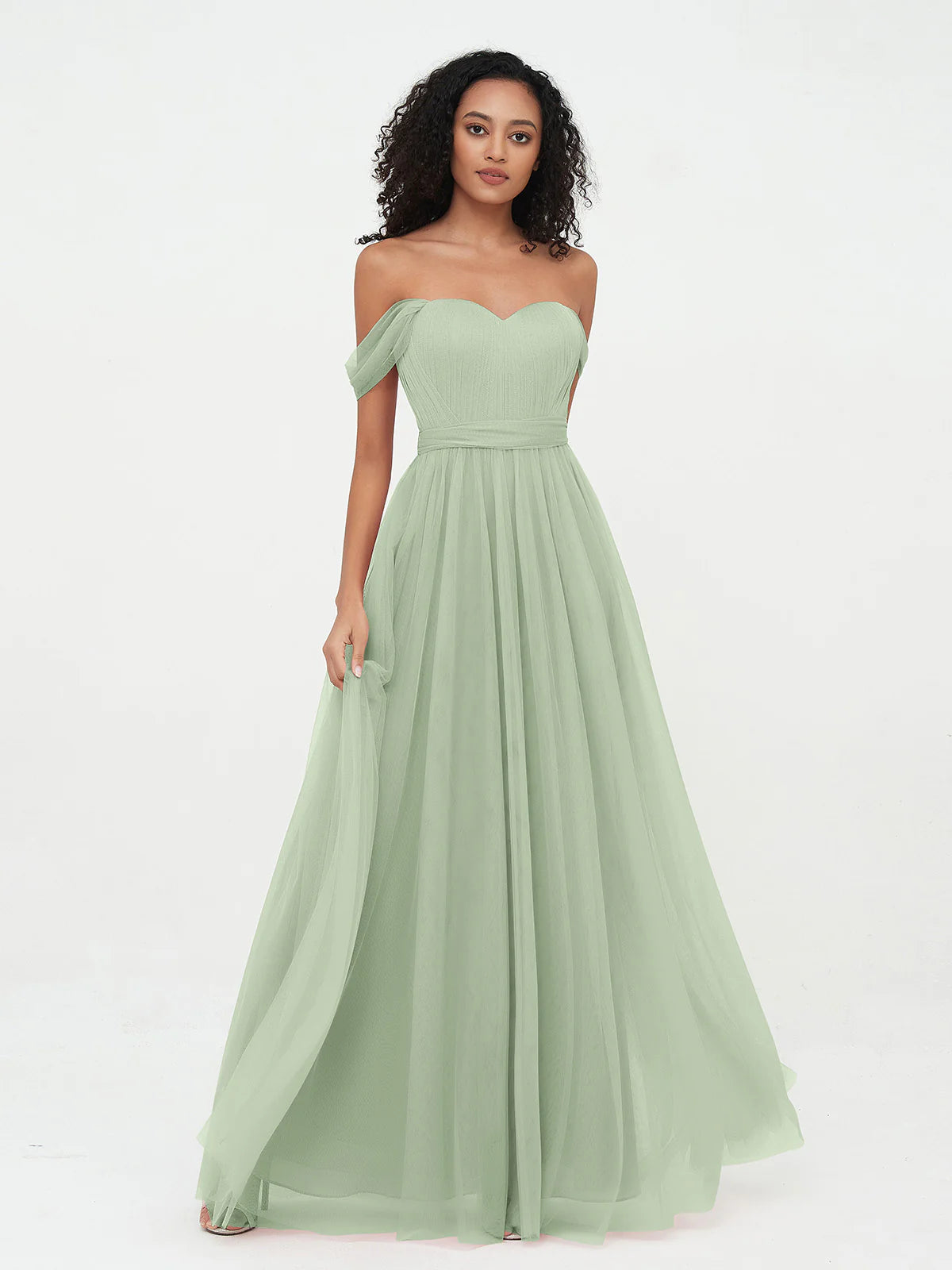 Off Shoulder Sweetheart Neck Bow Back Waist Belt Tulle A-Line Floor Length Bridesmaid Evening Maxi Dress
