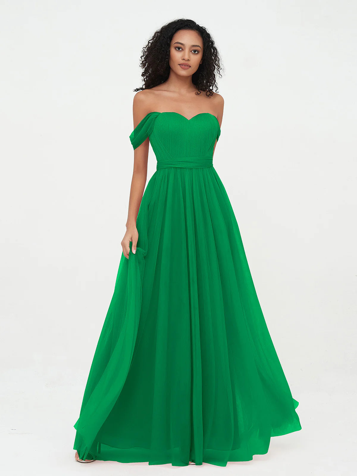Off Shoulder Sweetheart Neck Bow Back Waist Belt Tulle A-Line Floor Length Bridesmaid Evening Maxi Dress