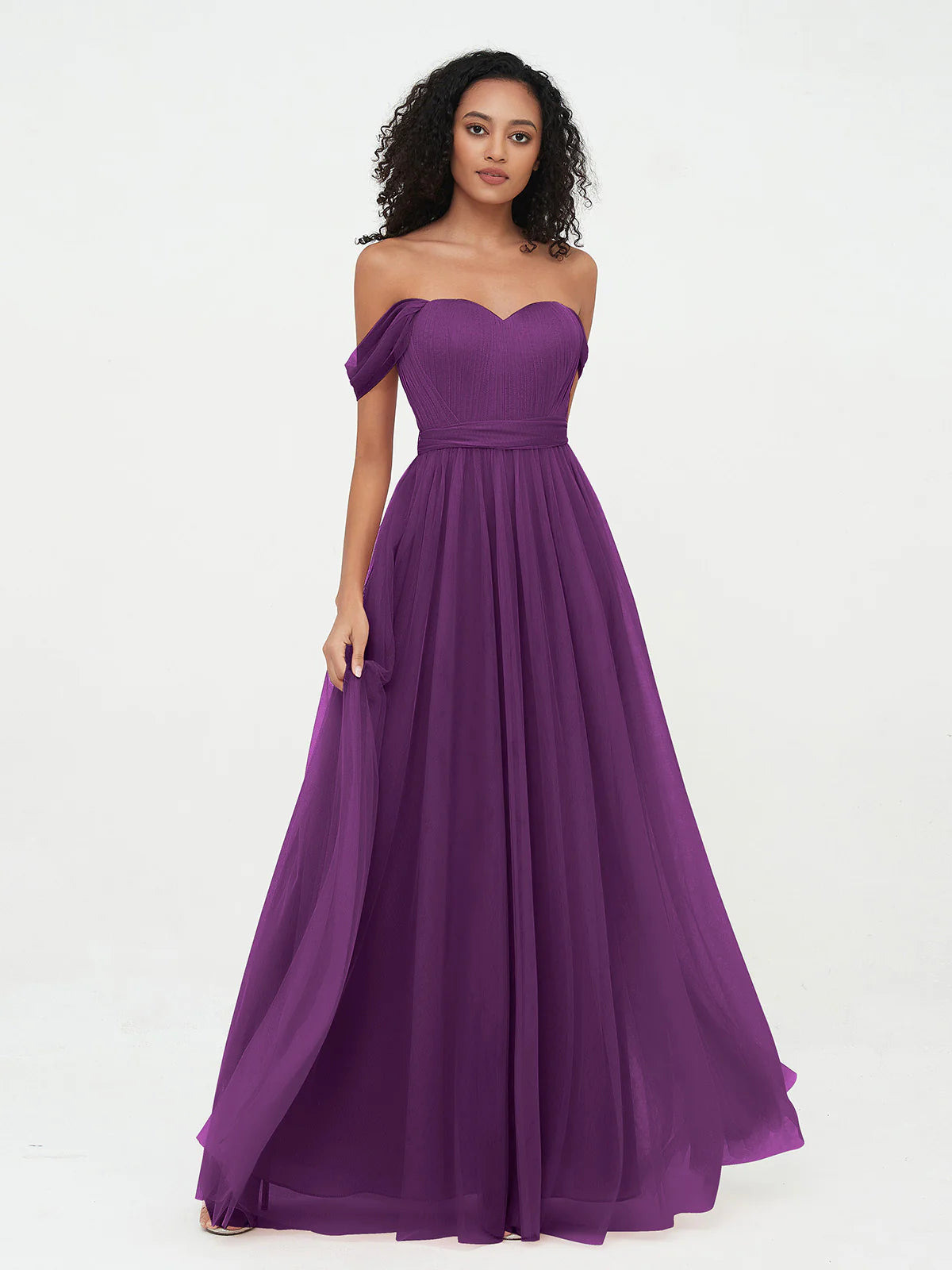 Off Shoulder Sweetheart Neck Bow Back Waist Belt Tulle A-Line Floor Length Bridesmaid Evening Maxi Dress