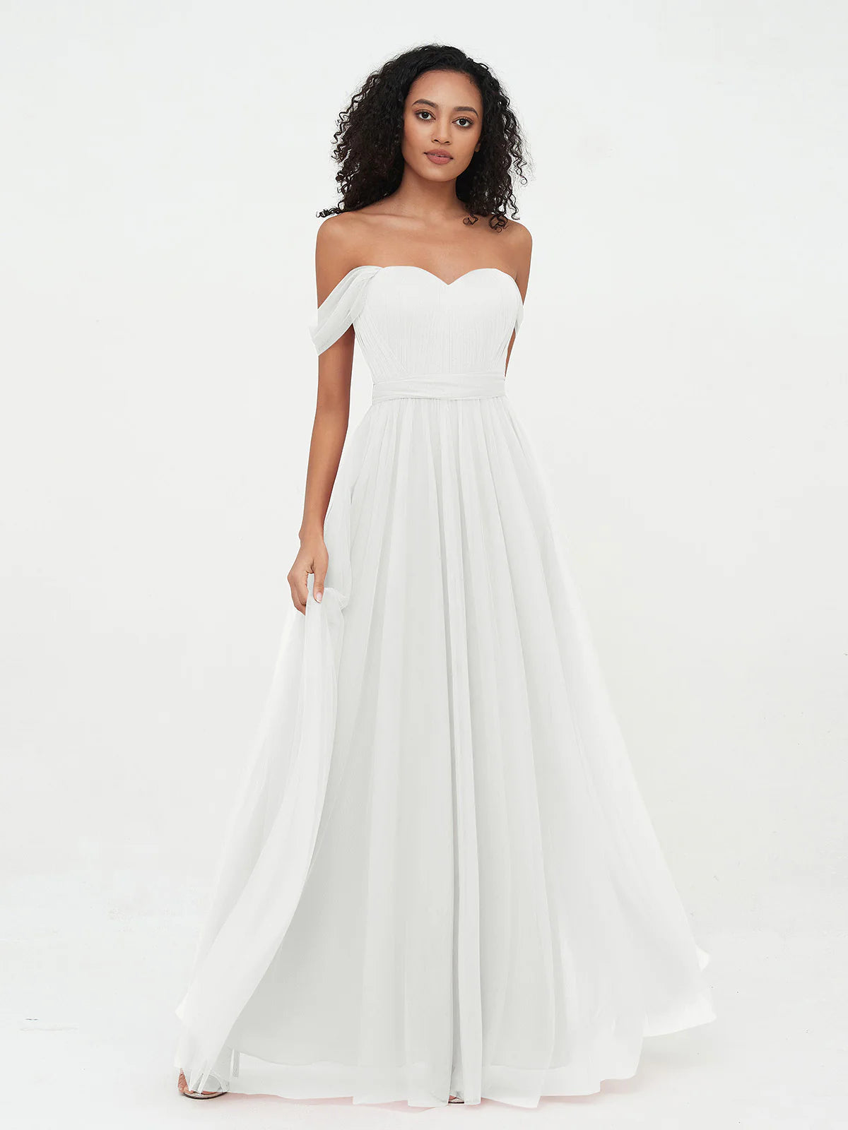 Off Shoulder Sweetheart Neck Bow Back Waist Belt Tulle A-Line Floor Length Bridesmaid Evening Maxi Dress