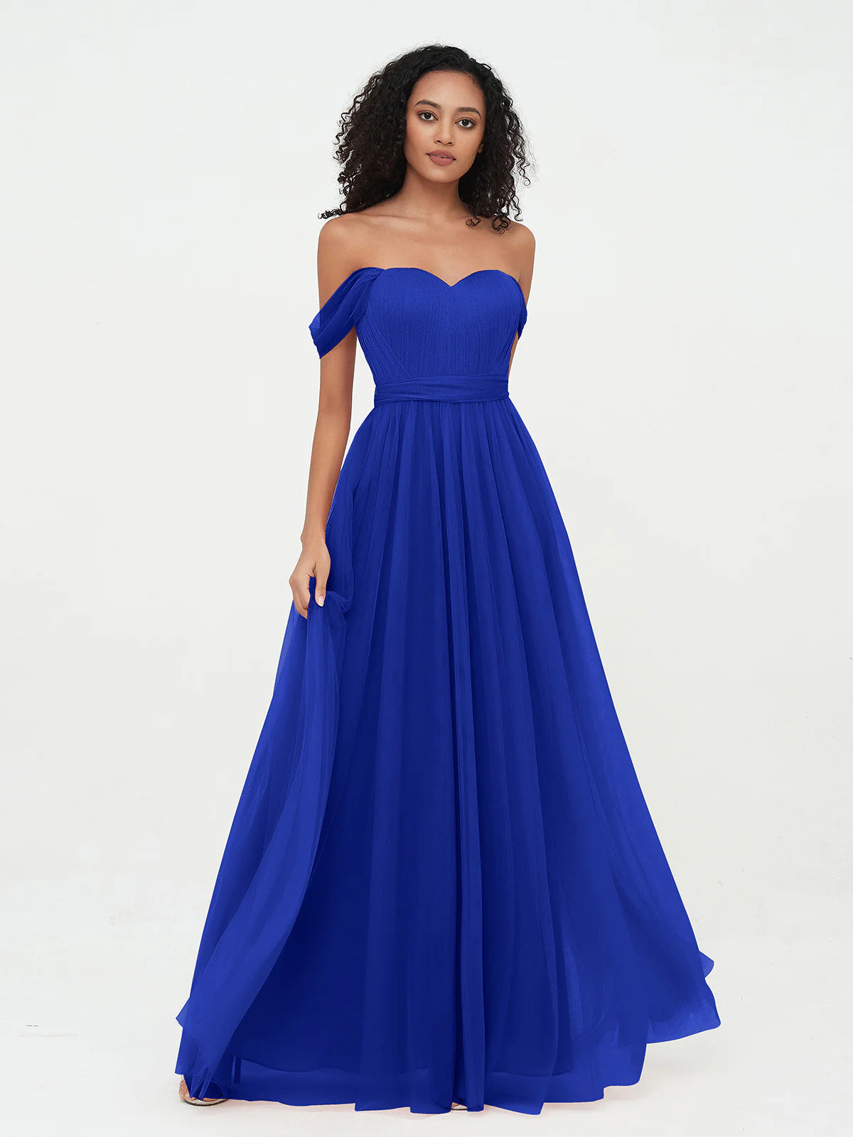 Off Shoulder Sweetheart Neck Bow Back Waist Belt Tulle A-Line Floor Length Bridesmaid Evening Maxi Dress