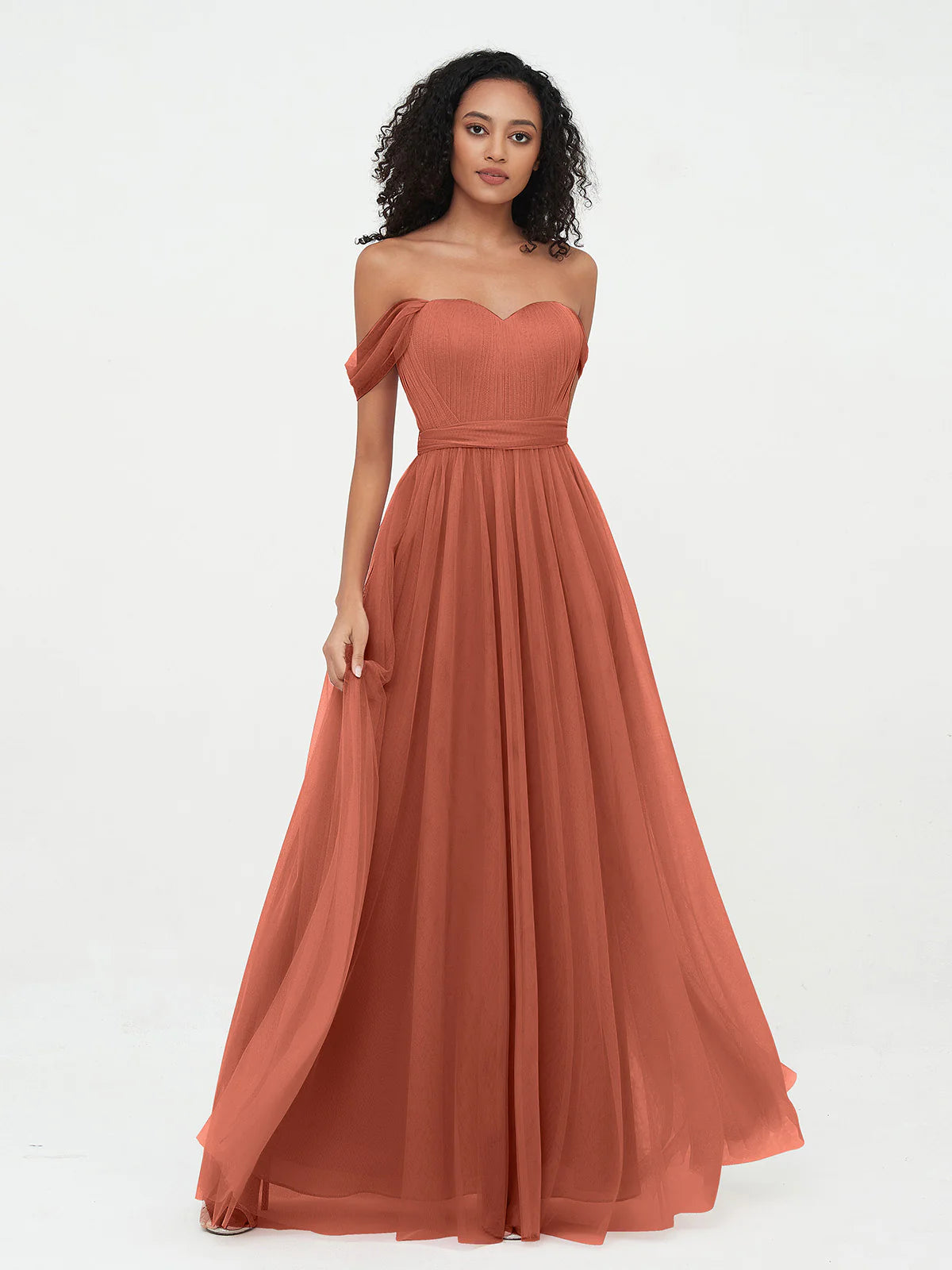 Off Shoulder Sweetheart Neck Bow Back Waist Belt Tulle A-Line Floor Length Bridesmaid Evening Maxi Dress