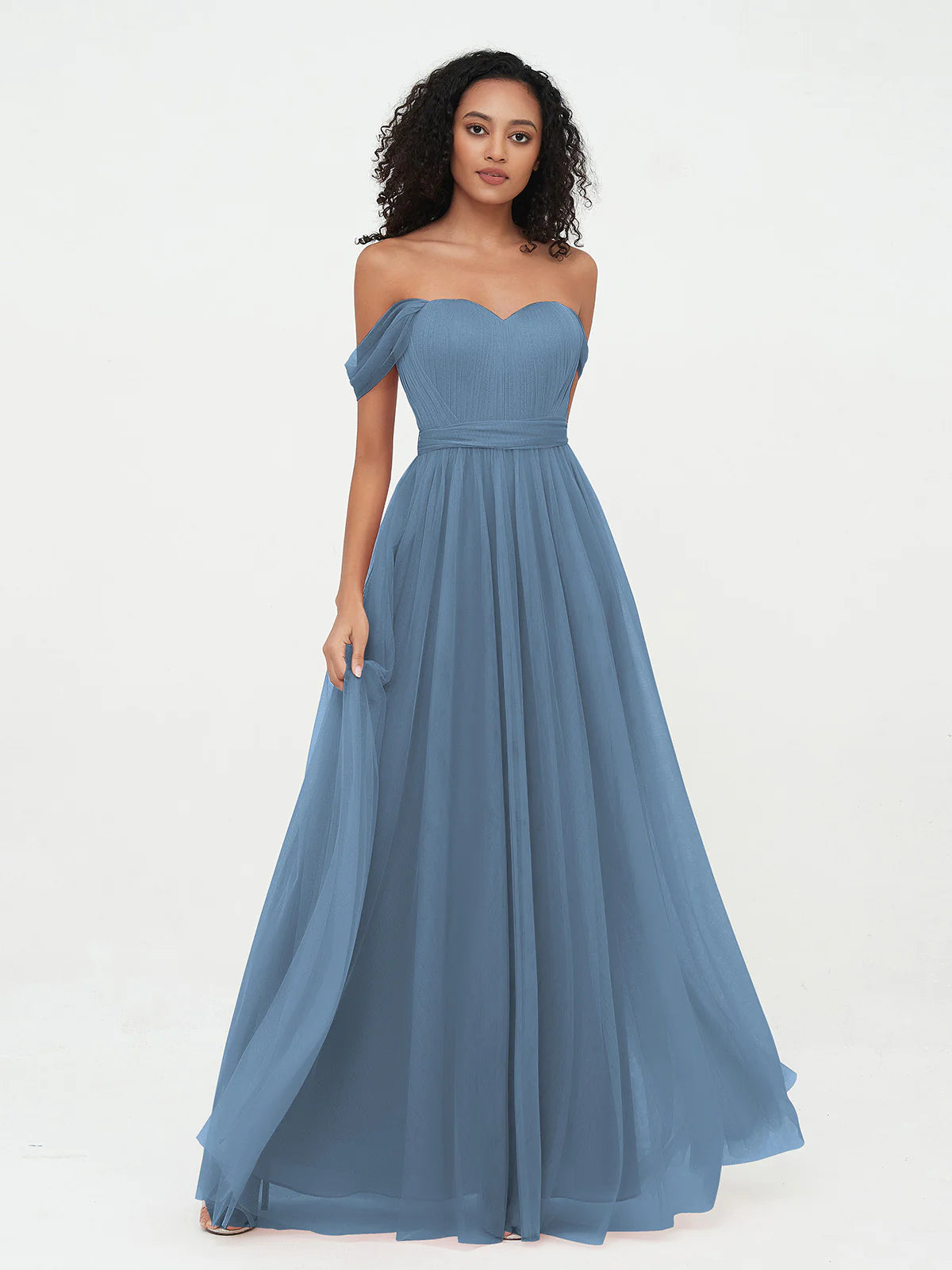Off Shoulder Sweetheart Neck Bow Back Waist Belt Tulle A-Line Floor Length Bridesmaid Evening Maxi Dress