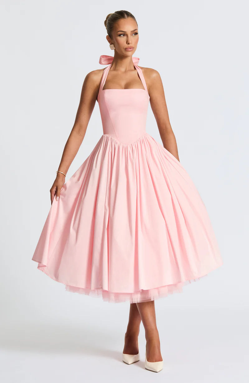 Halter Neck Midi Cotton Tulle Cocktail Party Dress A-line Evening Dress
