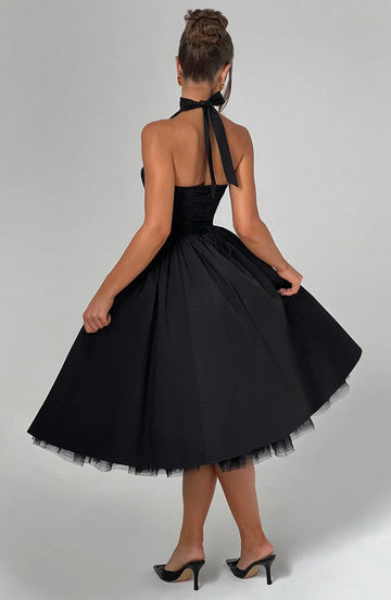 Halter Neck Midi Cotton Tulle Cocktail Party Dress A-line Evening Dress