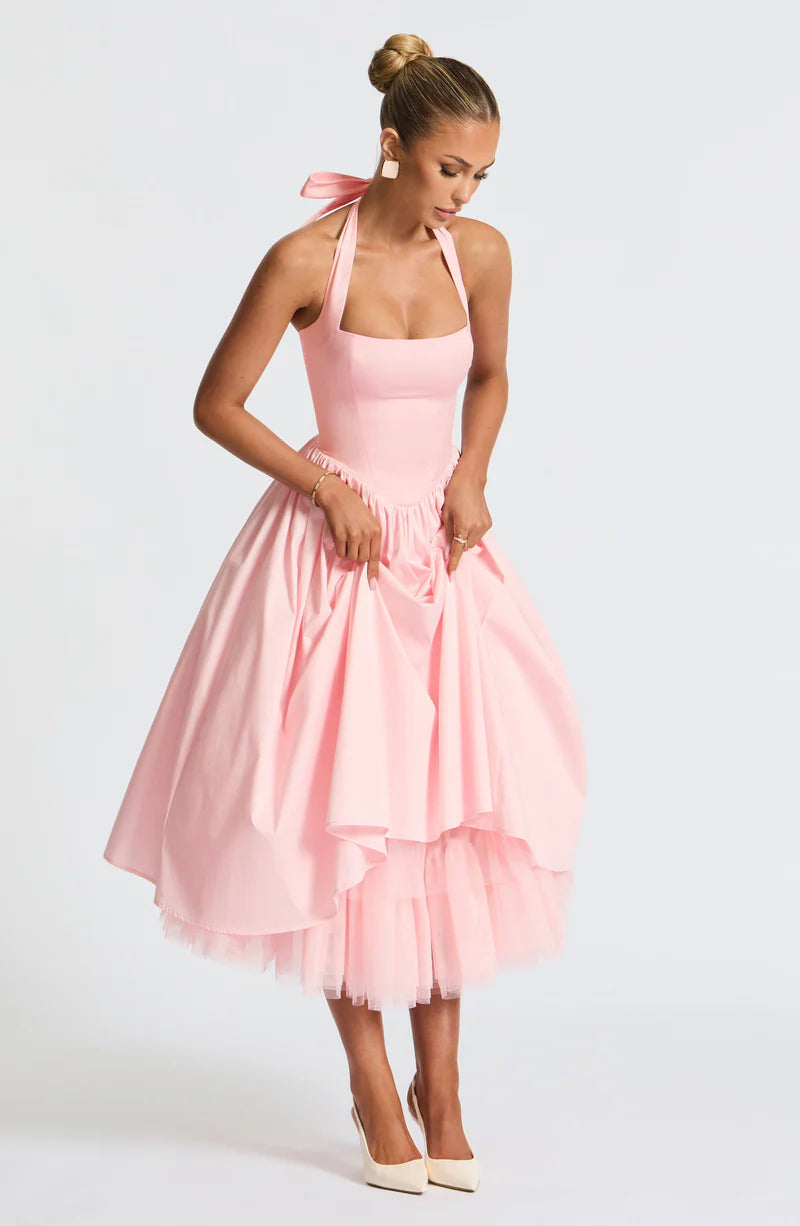 Halter Neck Midi Cotton Tulle Cocktail Party Dress A-line Evening Dress