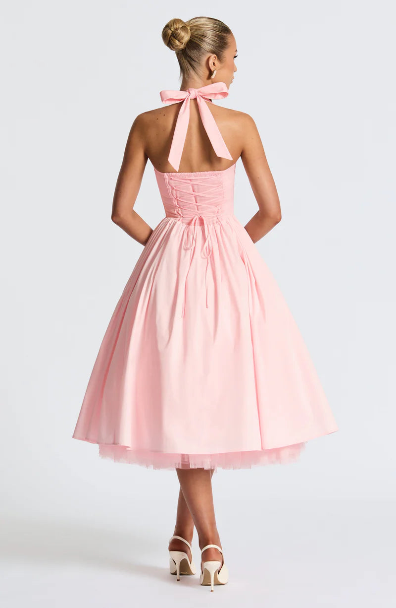 Halter Neck Midi Cotton Tulle Cocktail Party Dress A-line Evening Dress