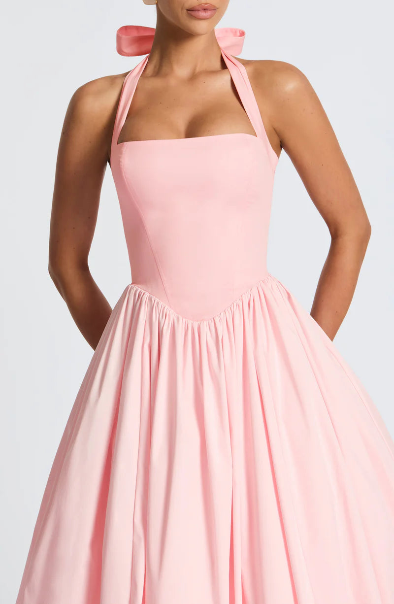 Halter Neck Midi Cotton Tulle Cocktail Party Dress A-line Evening Dress