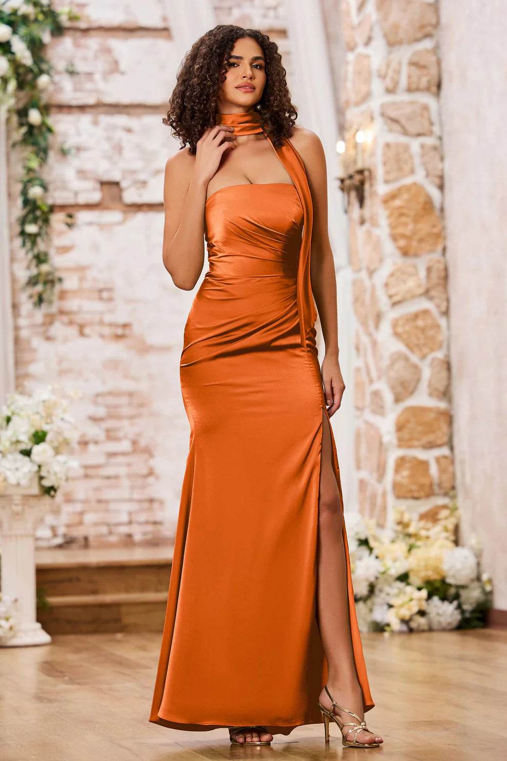 Halter Neck Draped Satin Mermaid Slit Formal Gown