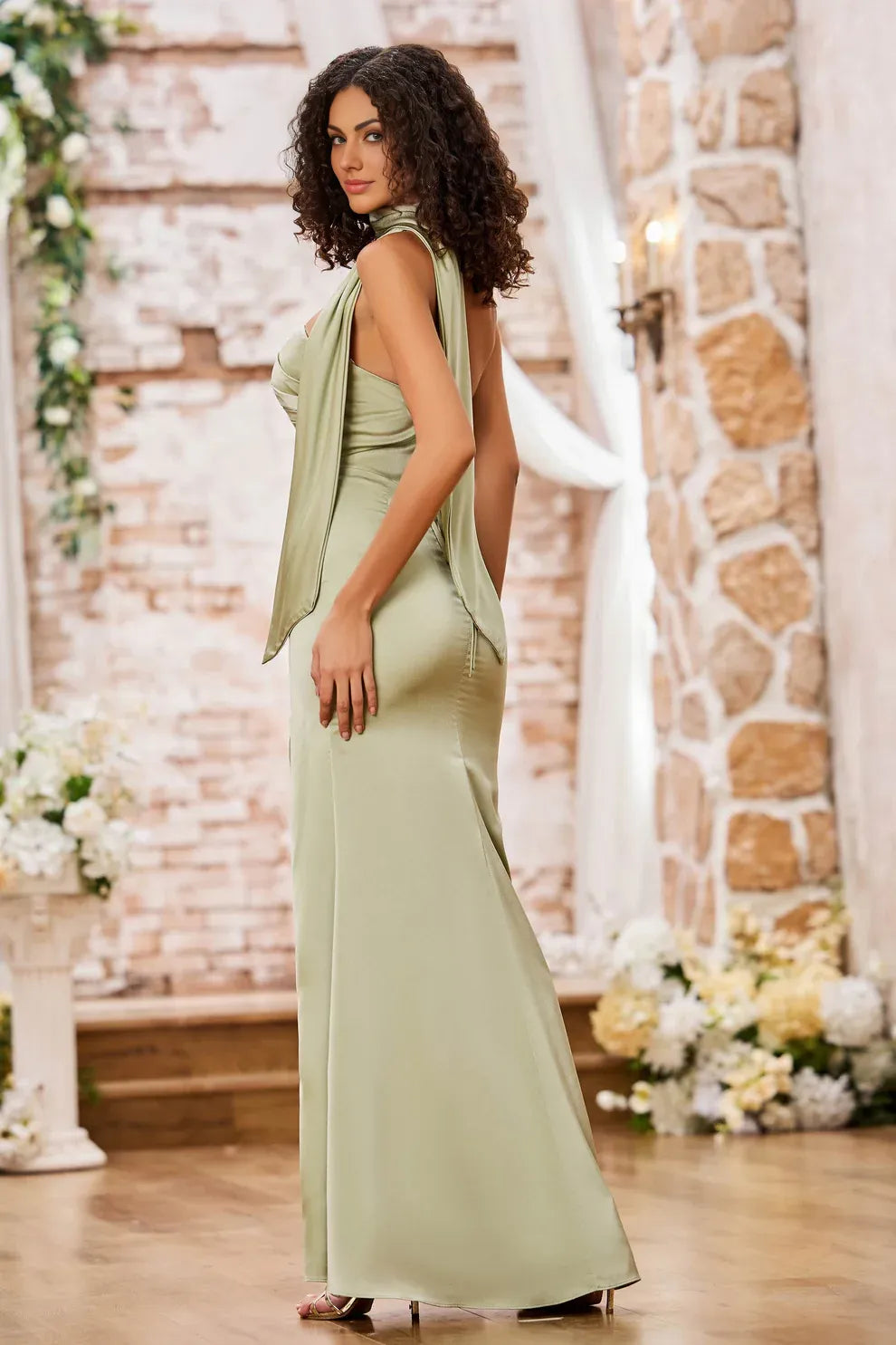 Halter Neck Draped Satin Mermaid Slit Formal Gown