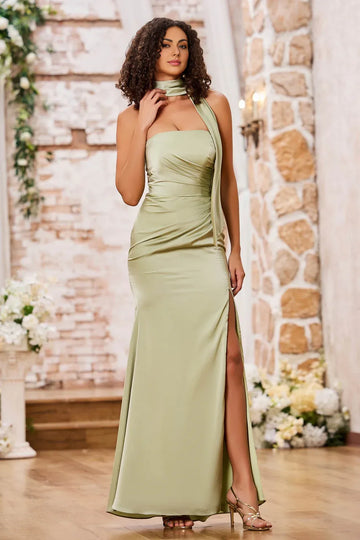 Halter Neck Draped Satin Mermaid Slit Formal Gown