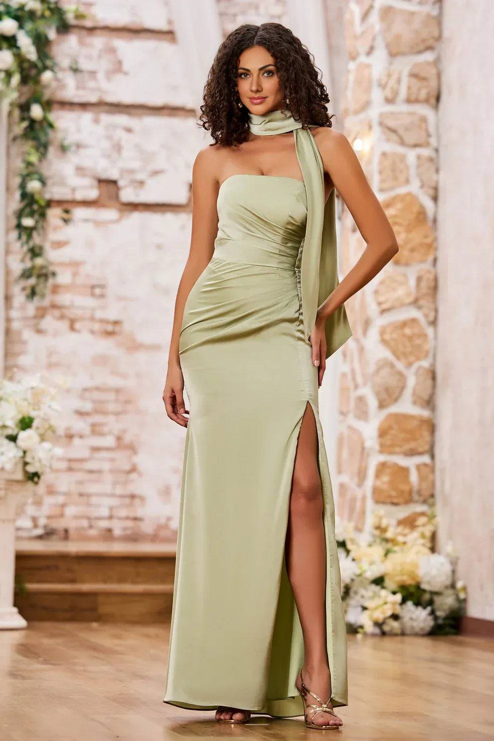 Halter Neck Draped Satin Mermaid Slit Formal Gown