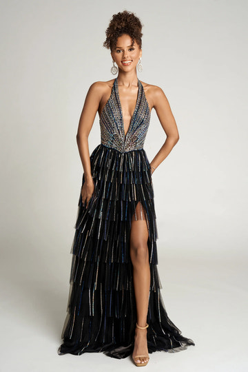 Glamorous Halter Neck Tulle Floor-Length Tiered A-Line Gown Prom Dress