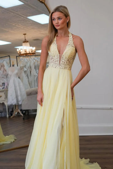 Halter Deep V Neck Beaded Lace Sheer Corset Chiffon A-Line High Slit Floor Length Prom Evening Gown