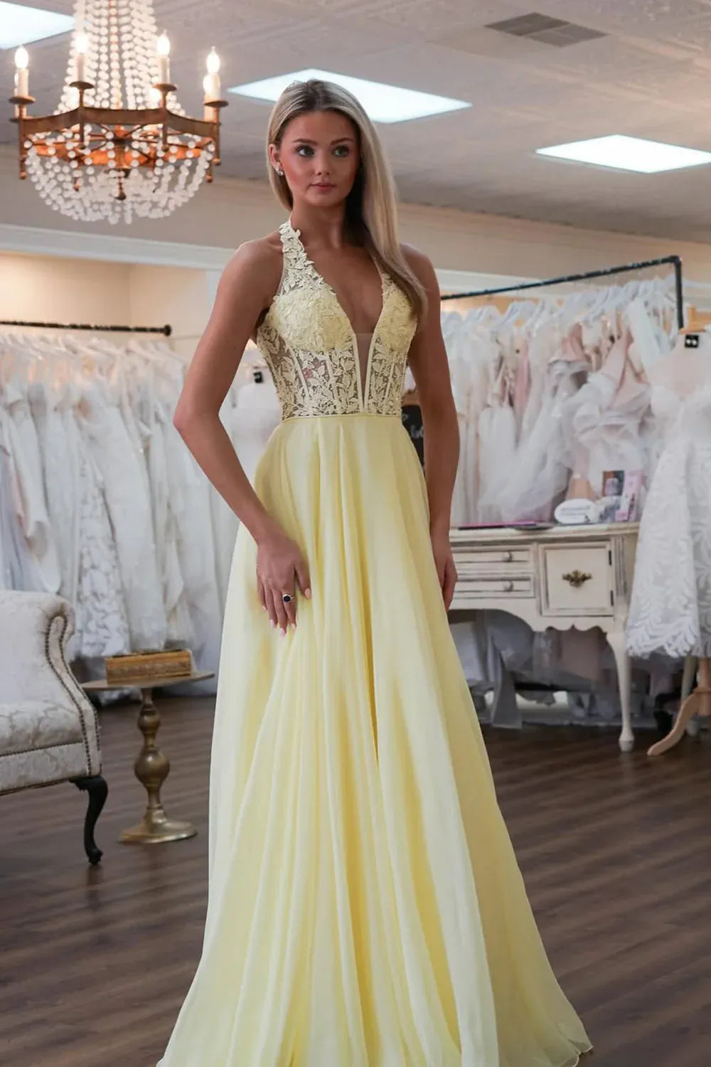 Halter Deep V Neck Beaded Lace Sheer Corset Chiffon A-Line High Slit Floor Length Prom Evening Gown