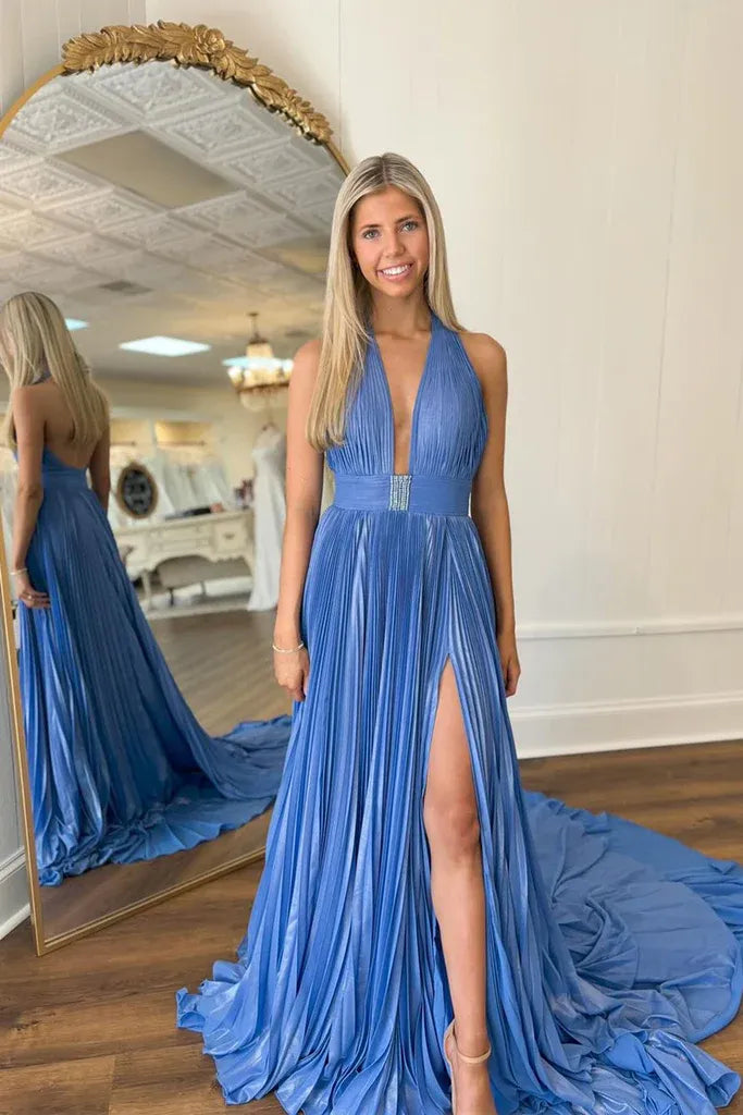 Halter Deep V Neck Full Pleated Satin A-Line Rhinestone Waist High Slit Floor Length Prom Evening Gown
