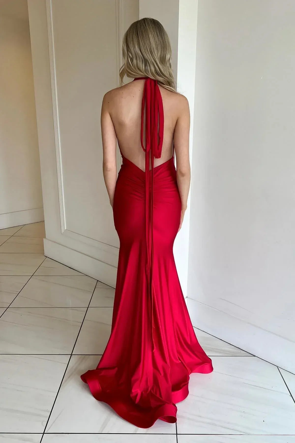 Halter Deep V Neck Satin Mermaid Open Back Floor Length Prom Evening Gown