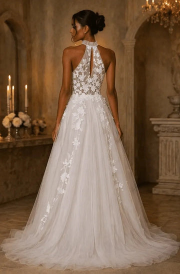 Boho A-Line Halter Sleeveless Keyhole Back Chapel Train Wedding Dress
