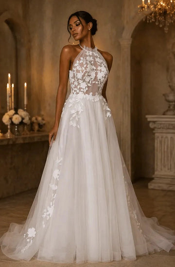 Boho A-Line Halter Sleeveless Keyhole Back Chapel Train Wedding Dress