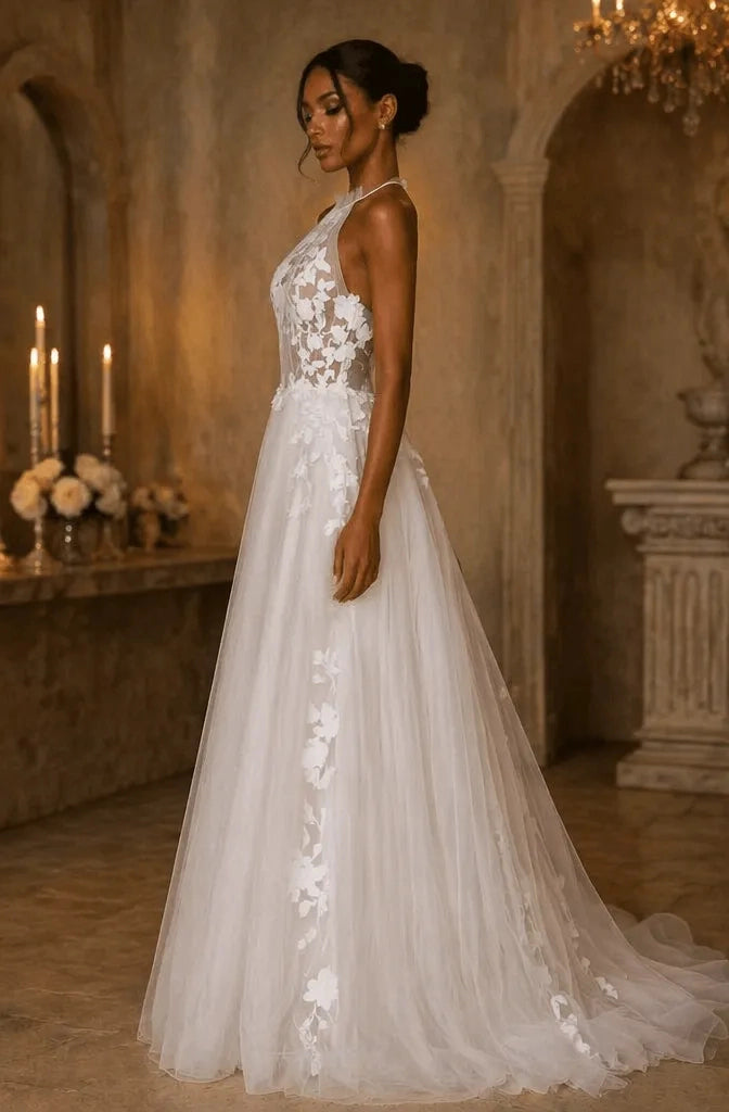 Boho A-Line Halter Sleeveless Keyhole Back Chapel Train Wedding Dress