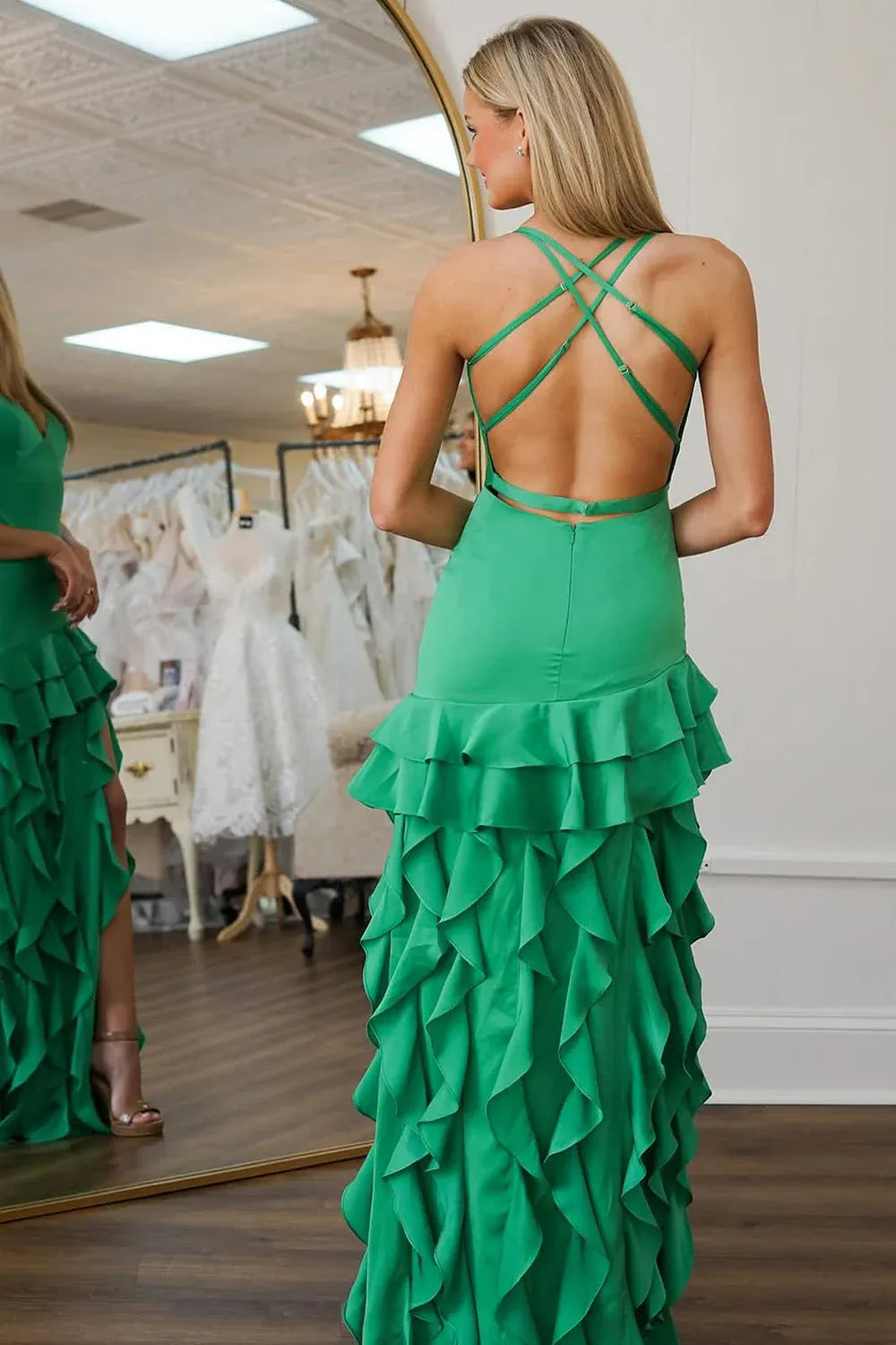 Halter V Neck Crisscross Open Back Tiered Ruffled Satin High Slit Floor Length Prom Evening Gown