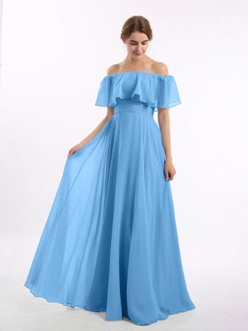 Off-the-Shoulder Double Ruffle Chiffon A-Line Bridesmaid Maxi Dress