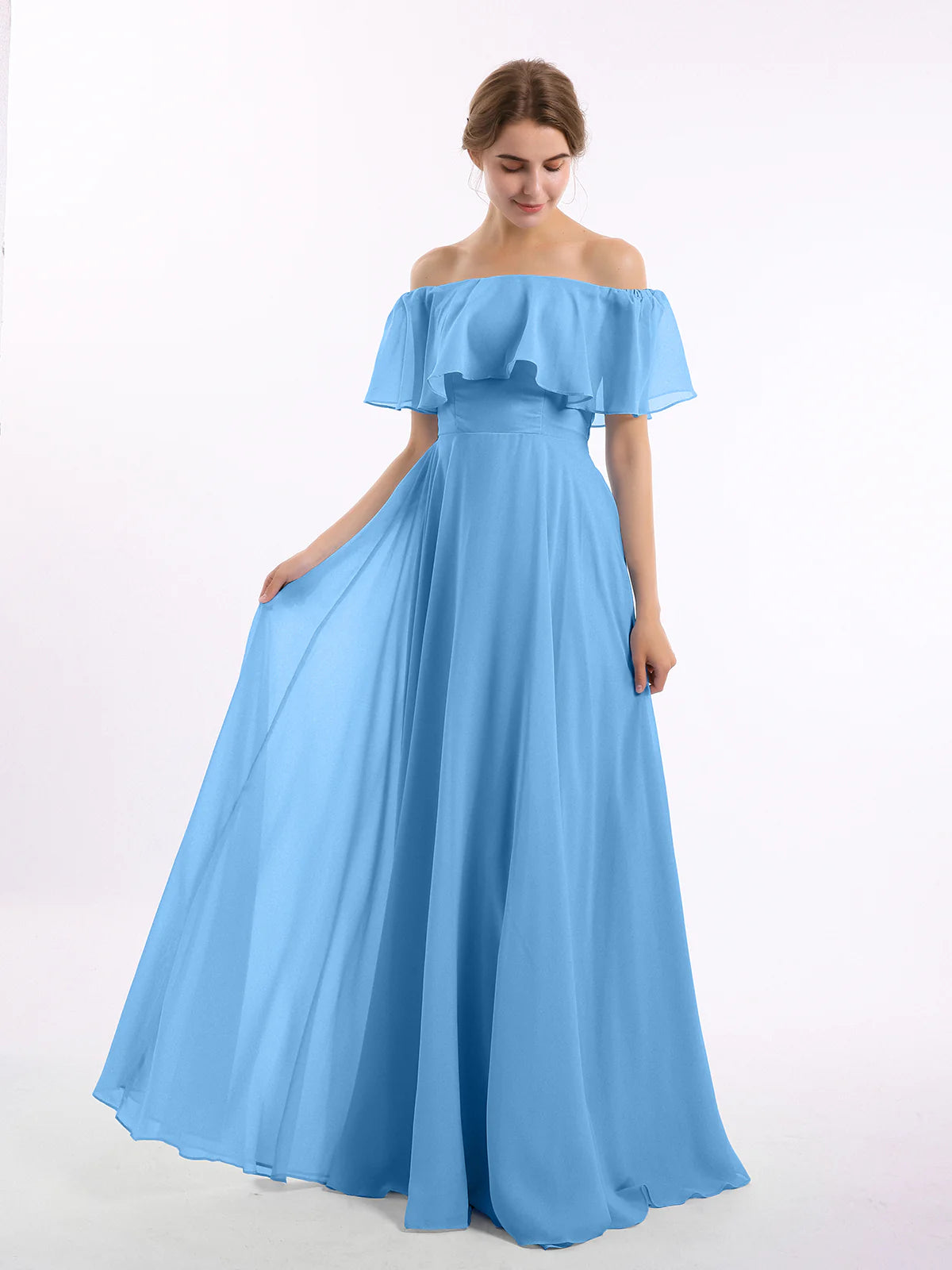 Off-the-Shoulder Double Ruffle Chiffon A-Line Bridesmaid Maxi Dress