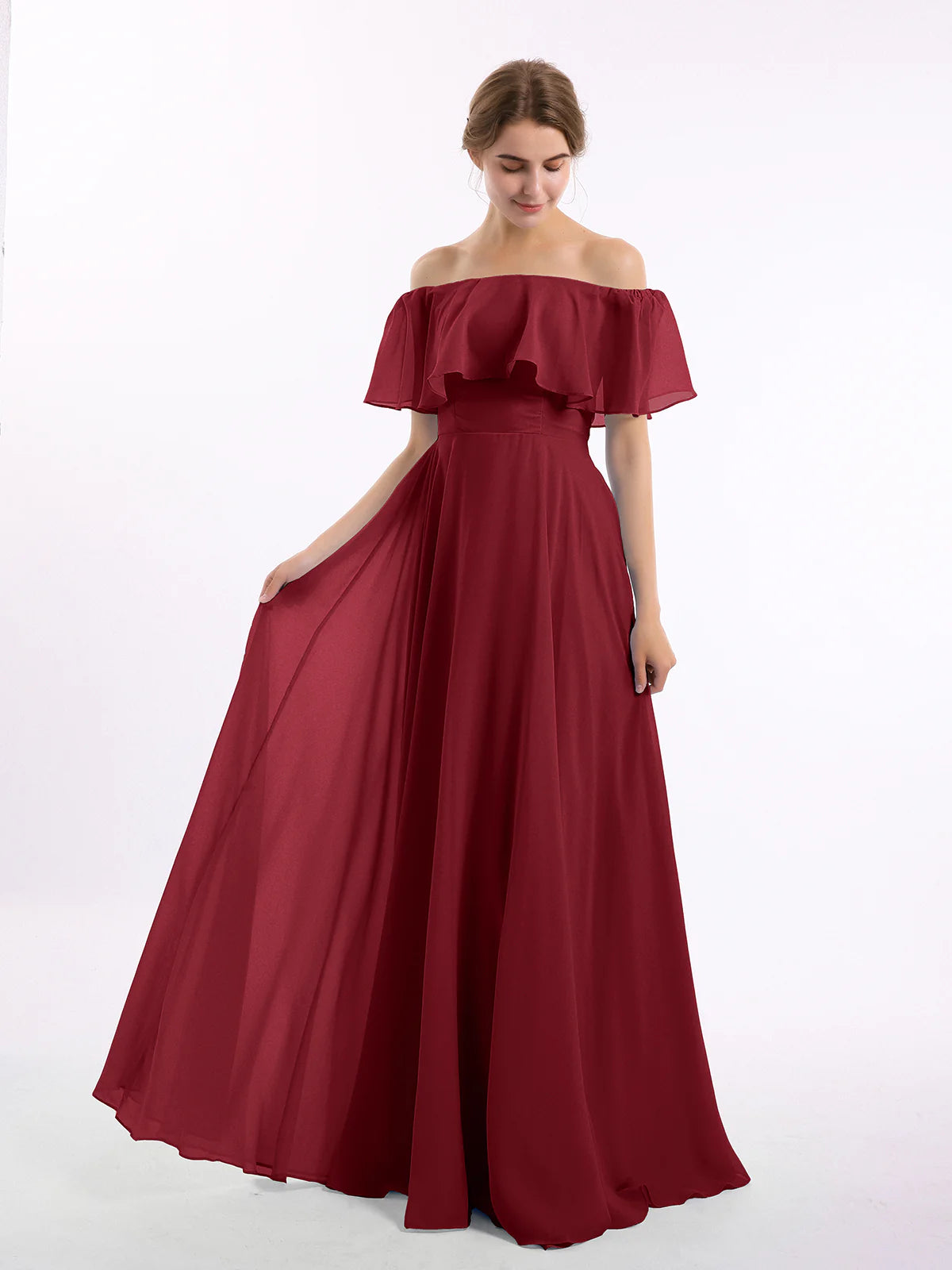 Off-the-Shoulder Double Ruffle Chiffon A-Line Bridesmaid Maxi Dress