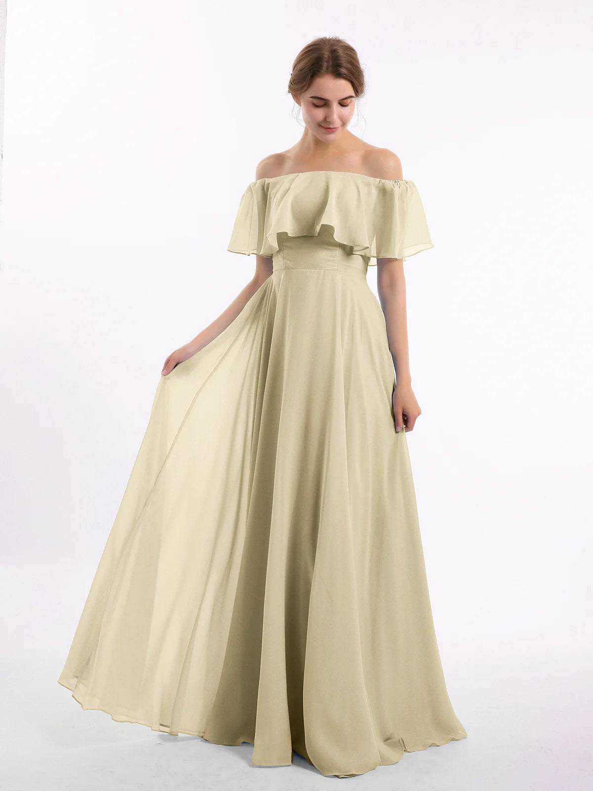 Off-the-Shoulder Double Ruffle Chiffon A-Line Bridesmaid Maxi Dress