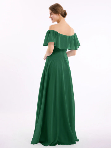 Off-the-Shoulder Double Ruffle Chiffon A-Line Bridesmaid Maxi Dress