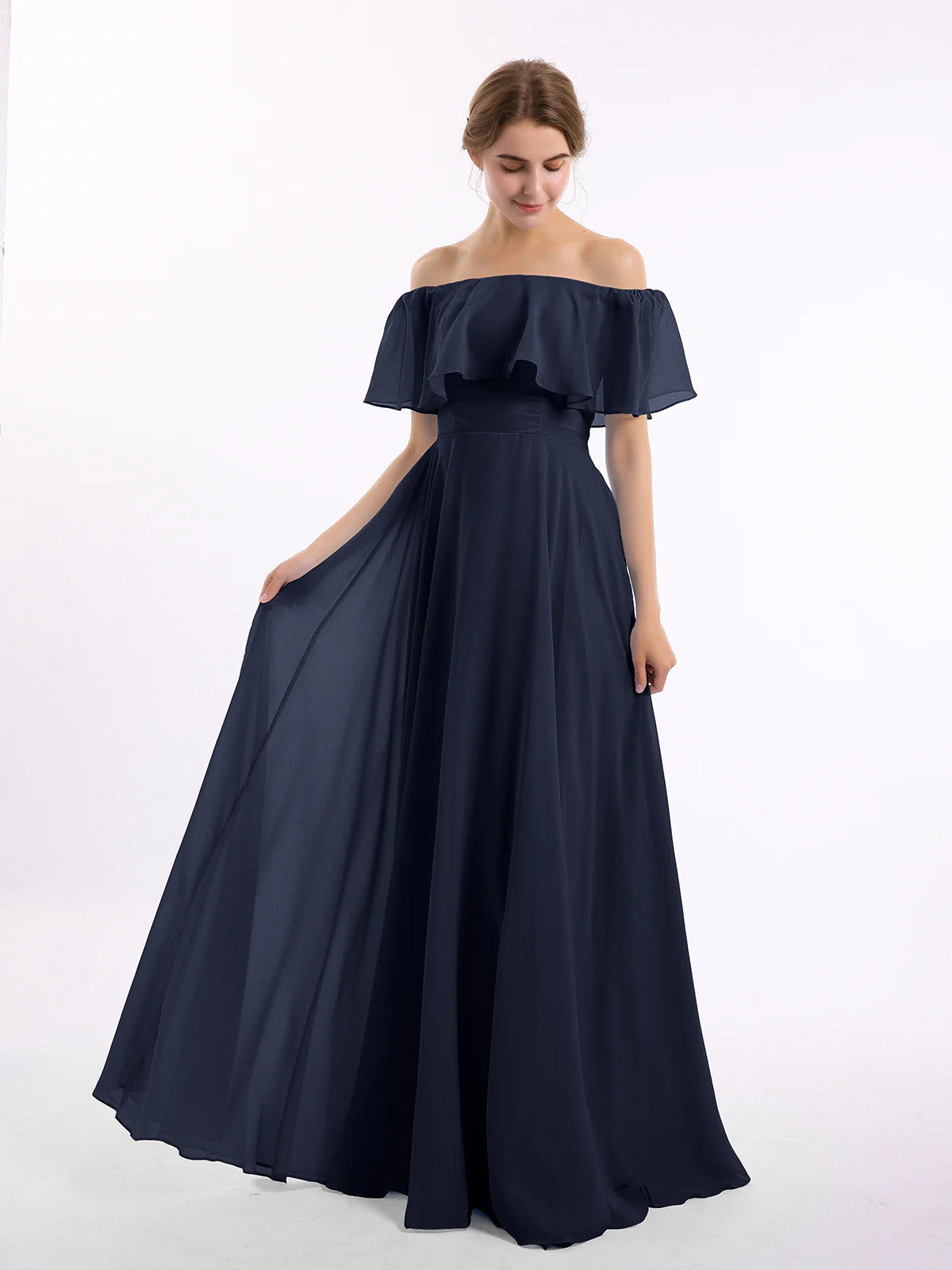 Off-the-Shoulder Double Ruffle Chiffon A-Line Bridesmaid Maxi Dress