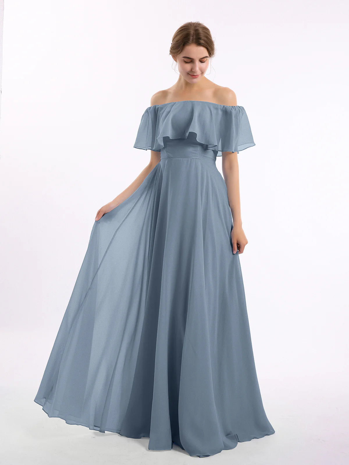 Off-the-Shoulder Double Ruffle Chiffon A-Line Bridesmaid Maxi Dress