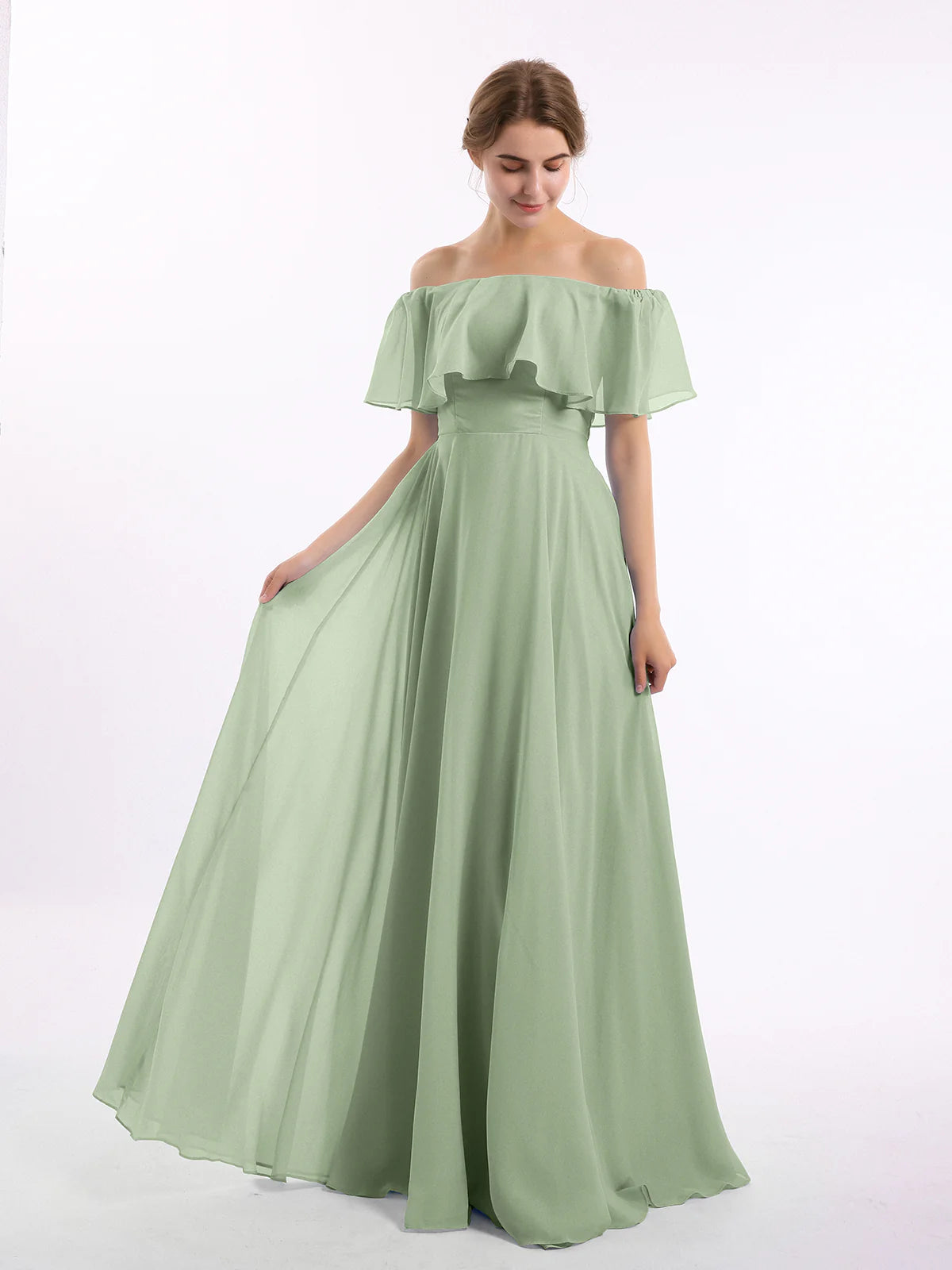 Off-the-Shoulder Double Ruffle Chiffon A-Line Bridesmaid Maxi Dress