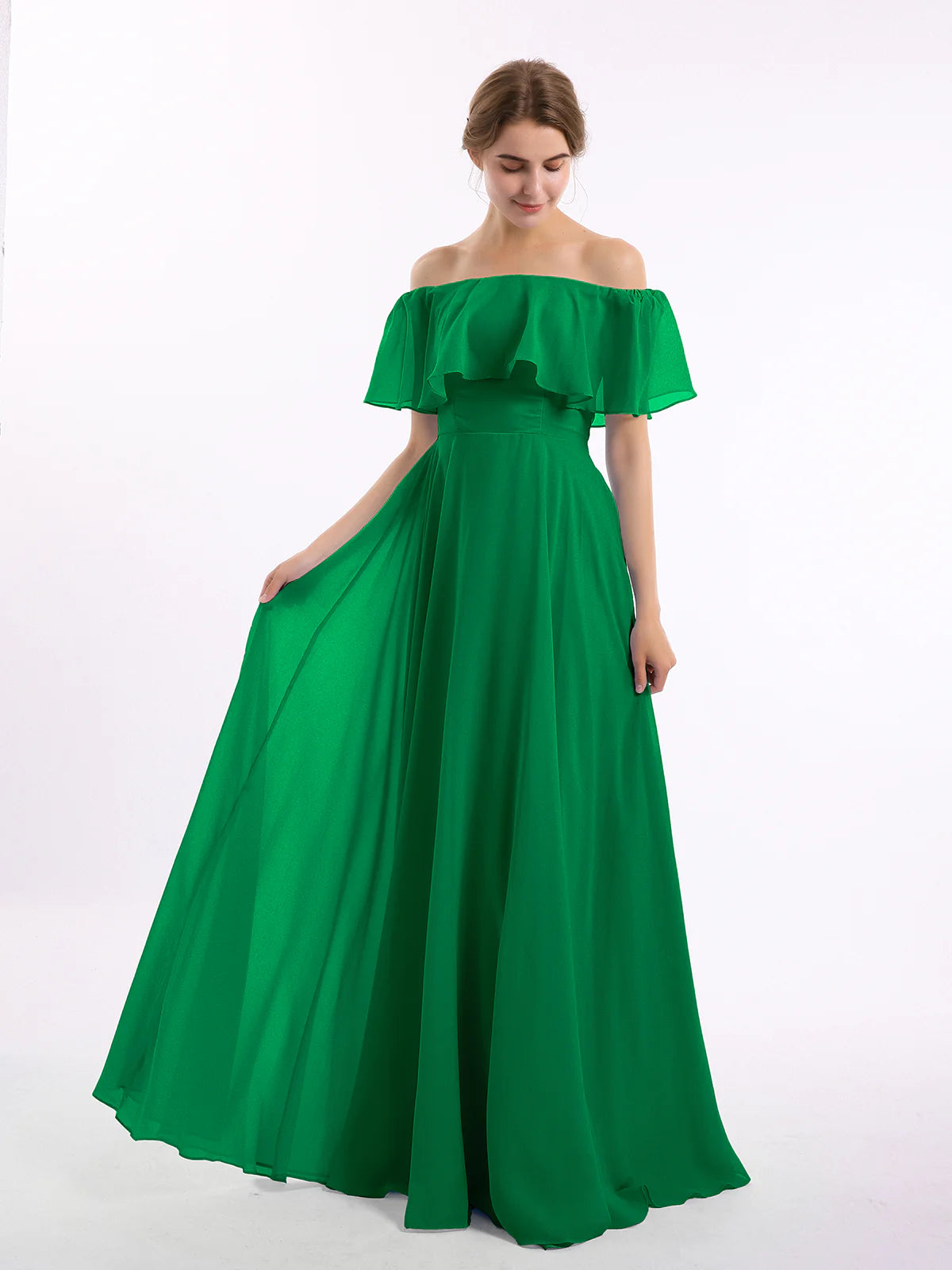 Off-the-Shoulder Double Ruffle Chiffon A-Line Bridesmaid Maxi Dress