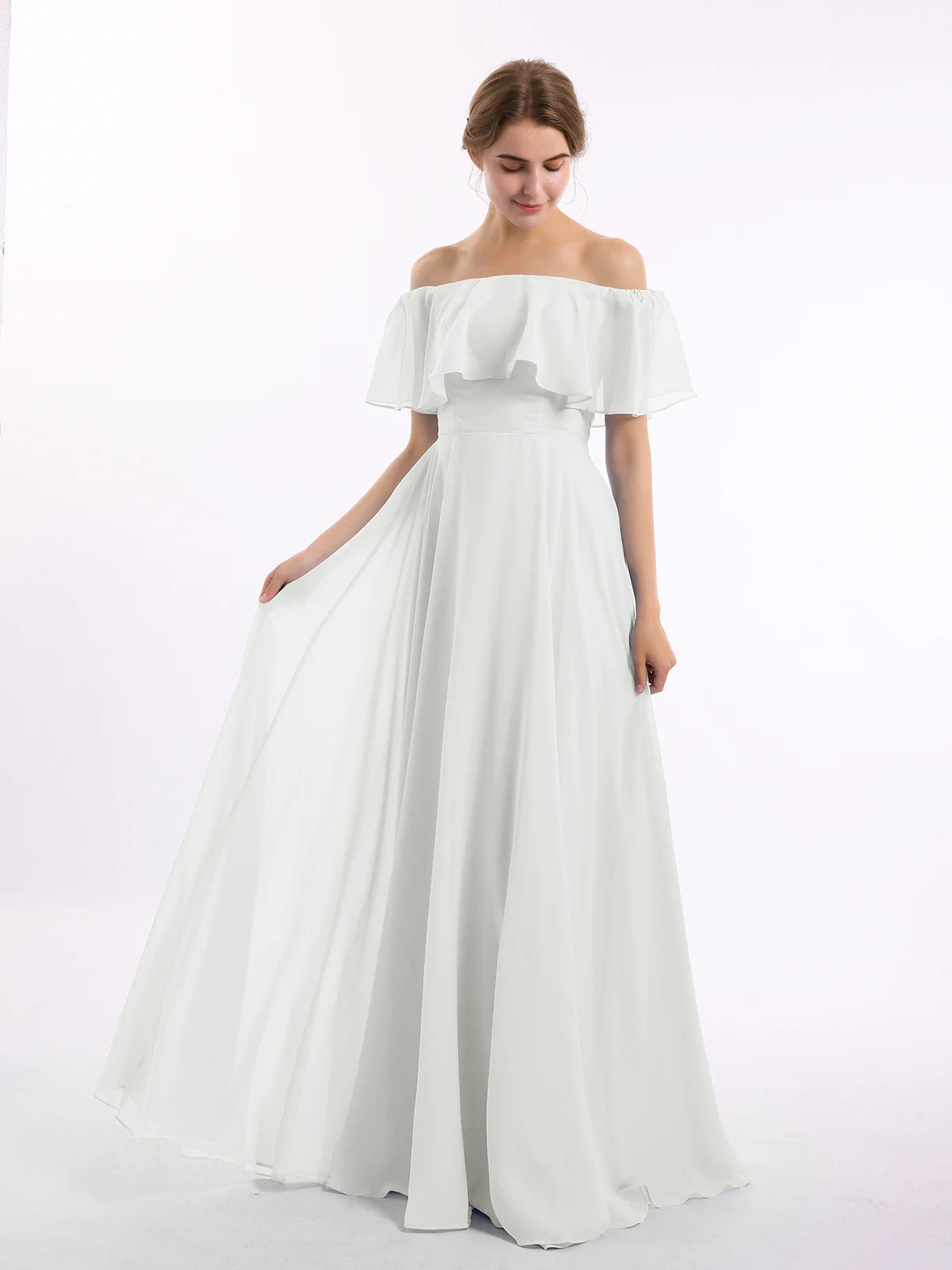 Off-the-Shoulder Double Ruffle Chiffon A-Line Bridesmaid Maxi Dress